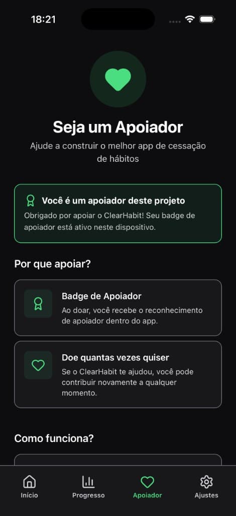 Tela de apoiador do projeto ClearHabit
